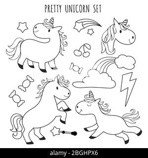 Kids coloring page. Unicorn set for coloring book isolated on white. Vector illustration Stock Vector
