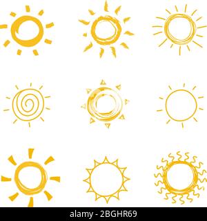 Hand drawn shining sun collection. Summer heat vector doodle sun symbols. Illustration of sun sketch, sunny and sunshine scribble drawing Stock Vector