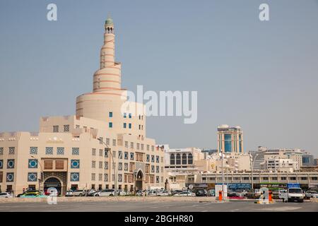 Doha, Qatar - March 2, 2020: View on Al Fanar spiral tower of Abdullah Bin Zaid Al Mahmoud Islamic Cultural Center, traditional muslim architecture Stock Photo