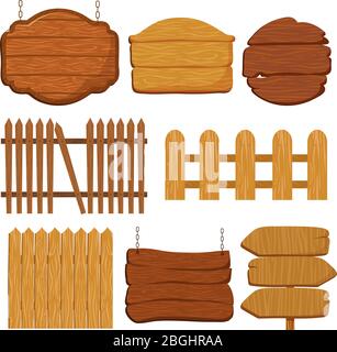 Cartoon wooden garden fence. Blank wood banners and signs vector set. Wooden banner and wood fence, billboard and signpost illustration Stock Vector