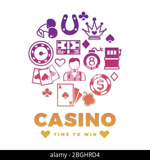 Casino label design with colorful icons round concept. Gambling play, gaming and winning, vector illustration Stock Vector