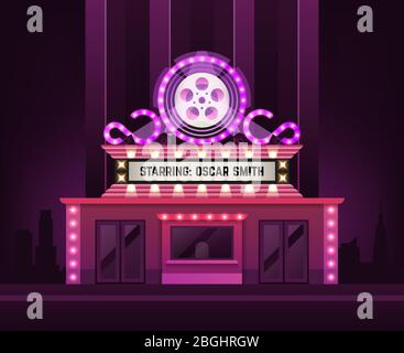 Cinema theatre building exterior. Movie entrance with retro light marquee banner vector illustration. Architecture cinema building, exterior front entrance Stock Vector