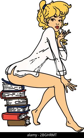 tattoo in traditional style of a pinup girl sitting on books Stock Vector