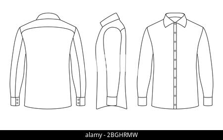 White blank business mans shirt with long sleeves and buttons in front, side, back views. Male wear clothing, vector illustration Stock Vector