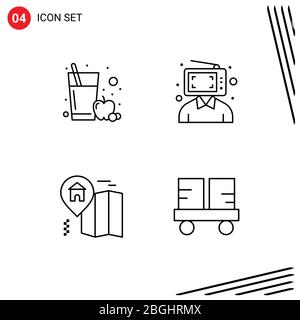4 Line concept for Websites Mobile and Apps apple juice, location, content, man, caterpillar vehicles Editable Vector Design Elements Stock Vector
