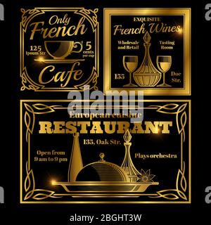 Golden french and european cafe, restaurant labels template. Vector illustration Stock Vector