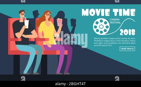 Film cinema festival poster. Movie time, couple date at theater vector background. Illustration of film movie cinema, entertainment cinematography event Stock Vector