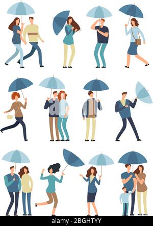 People holding umbrella, walking outdoor in rainy spring or fall day. Man, woman in raincoat under rain vector flat characters isolated. Weather rain, man with umbrella illustration Stock Vector