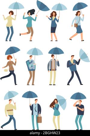 Cartoon people with umbrella in rainy day. Man and woman in raincoat under rain vector flat characters isolated. Female and male in rainy weather illustration Stock Vector