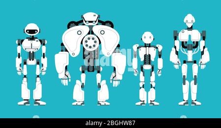 Various robot androids. Cute cartoon futuristic humanoid characters set. Android friendly character, robotic technology vector illustration Stock Vector