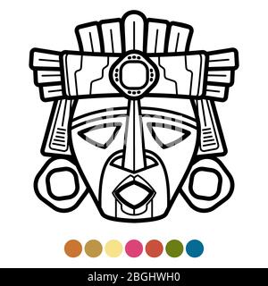 Coloring atzec, african, mexican mask with color samples. Vector illustration Stock Vector