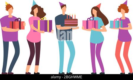 Smiling friends with gifts and cake. Happy birthday vector concept with cartoon people. Celebration party, woman and man friendship illustration Stock Vector