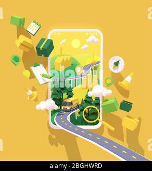 Vector parcel and mail delivery service and tracking app illustration, Smartphone with yellow delivery truck or van on the highway, road from factory Stock Vector