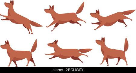 Running cartoon dog animation sprite sheet vector set isolated. Doggy friendly run process, animal funny and playful illustration Stock Vector