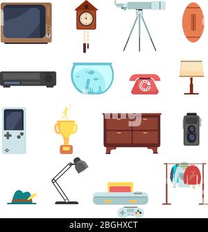 Second hand clothes, vintage goods from flea market vector set isolated on white background. Objects antique, for market garage, telescope and phone, aquarium and lamp, vcr device illustration Stock Vector