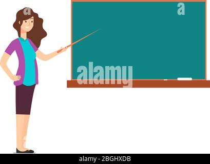 Cartoon teacher woman at blackboard teaching children in school classroom vector illustration. Education chalkboard for class room and lesson Stock Vector