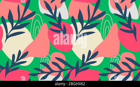 Seamless pattern of Hand drawn various shapes doodle objects, lines and plant leaf foliage background Colorful floral background for patterns. Abstrac Stock Vector