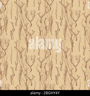 Rustic wood branches seamless pattern background. Hand drawn branches vintage texture. Vector illustration Stock Vector