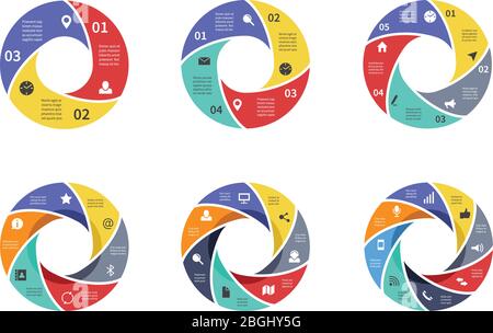 Circle graph, pie strategy diagrams, circular arrows charts with options, parts, steps, process sectors. Business vector infographic. Illustration of chart circle, circular data diagram Stock Vector