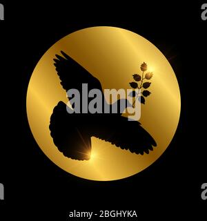 Black dove of piece vector silhouette on golden round illustration Stock Vector