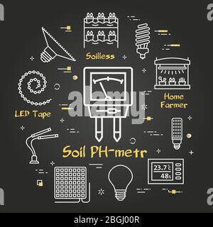 Vector black concept of hydroponic and growth led light - soil PH-meter Stock Vector