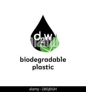 Biodegradable d2w plastic sign. Vector logo eco emblem for organic package Stock Vector