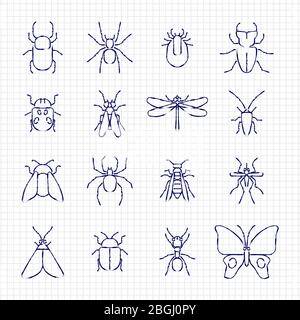 Sketch drawing line insect icons collection on paper sheet. Vector illustration Stock Vector