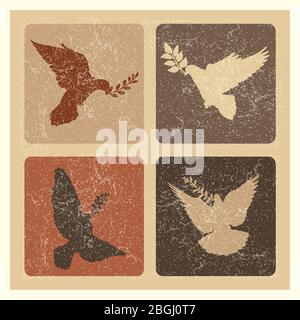 Dove of peace silhouette emblems. Grunge pigeon with branch logo set. Bird hope freedom, animal religious flying. Vector illustration Stock Vector