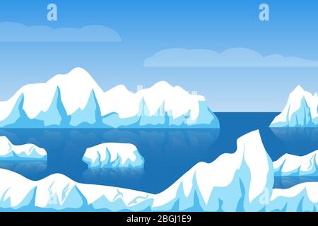 Cartoon winter polar arctic or antarctic ice landscape with iceberg in sea vector illustration. Ice berg in ocean, glacier arctic illustration Stock Vector