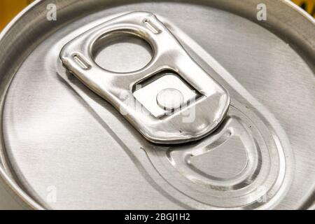 Close up view of the ring pull on an unopened can of drink Stock Photo