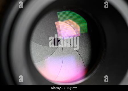 Photography concept. Close up, Diaphragm of a camera lens. Selective focus with shallow depth of field .  Stock Photo
