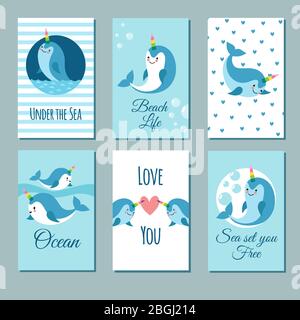 Cute cartoon anime narwhal romance cards. Posters with funny kawaii baby unicorn whale vector characters. Illustration of banner with sea animal template Stock Vector