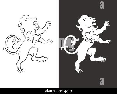 Heraldic lion vector. Line and silhouette lions for arms. Animal heraldic leo icon, royal insignia for shield illustration Stock Vector