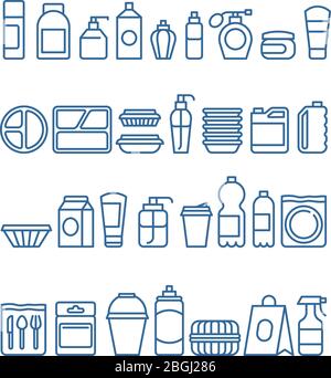 Plastic product package, disposable tableware, food containers, cups and plates line vector icons. Plate and cup, container plastic illustration Stock Vector