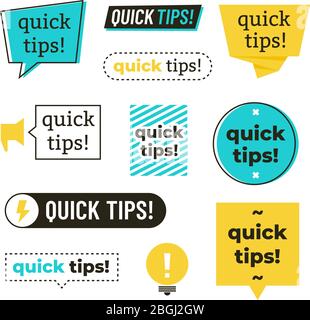 Advice, tip, quick tips, helpful tricks and suggestions vector logos, emblems and banners vector set isolated. Advice and message, badge phrase exclamation illustration Stock Vector