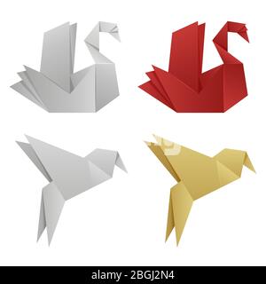 Vector japanese origami birds of set isolated on white background illustration Stock Vector