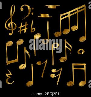 Golden music notes and signs of set isolated on black background. Vector illustration Stock Vector