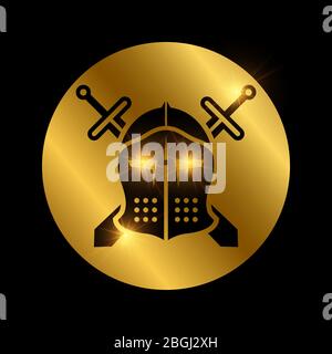 Golden icon with black vintage knights helmet and swords. Vector illustration Stock Vector