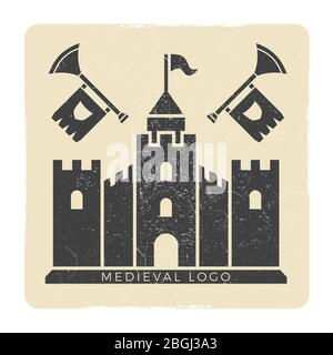 Grunge medieval castle logo vector design. Castle building medieval, tower fortress silhouette illustration Stock Vector