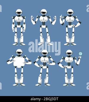 Cybernetic robot android with bionic arms and eyes in different poses. Cute cartoon scifi humanoid mascot set. Collection of artificial robotic futuristic, vector illustration Stock Vector