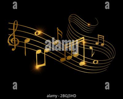 Sketch of golden musical sound wave with music notes. Vector illustration Stock Vector