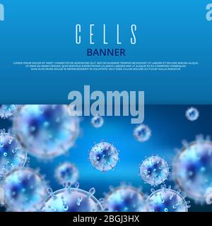 Microbiology and medical vector web banner template with 3d bacteria and viruses. Cell research scientific microscopic illustration Stock Vector