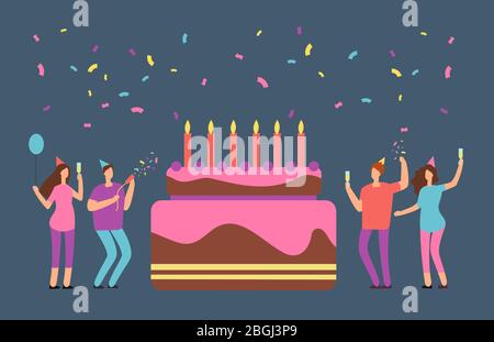 Happy birthday family party with celebrating happy people and big cake. Cartoon corporate birthday party invitation concept. Family birthday happy event, holiday festive. Vector illustration Stock Vector