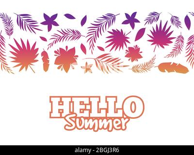 Banner hello summer background with colorful tropical leaves. Vector illustration Stock Vector