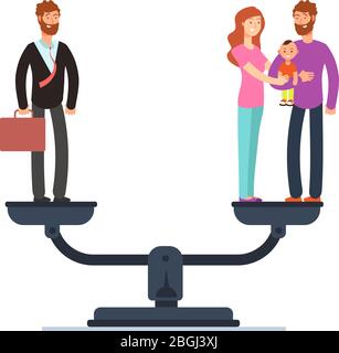 Businessman and happy family with kids on scales. Work and life balance business vector concept. Family and career business, life compare illustration Stock Vector