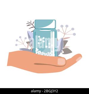 Hand with Bottle with gomeophatic granules, homeopathy logo. Homeopathic and herbal pills, vector illustration Stock Vector