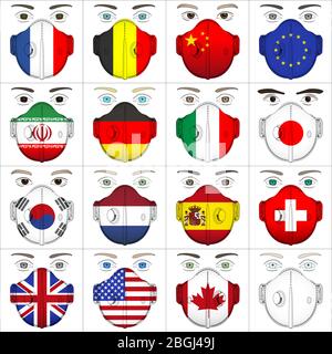 Antiviral mask for anti virus protection with world flags, vector illustration Stock Vector
