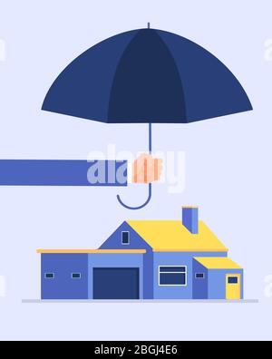Insurer hand holding umbrella over house. Houses protection insurance vector business concept. Security house umbrella, protect and support mortgage illustration Stock Vector
