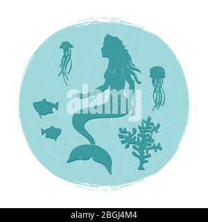 Vintage underwater life label. Mermaid and fishes, jellyfish silhouettes. Vector illustration Stock Vector