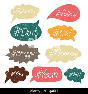 Colorful grunge hand written popular hashtags in speech bubbles. Vector illustration Stock Vector